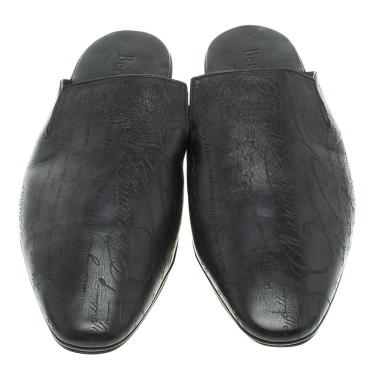 Pre Owned Berluti Black Leather Cyrus Slides Size 45