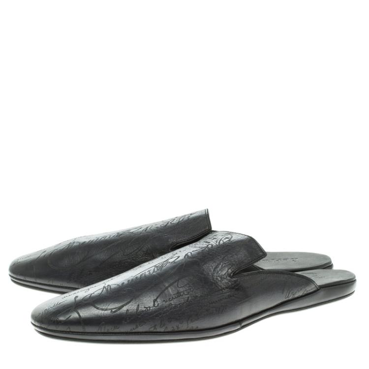 Pre Owned Berluti Black Leather Cyrus Slides Size 45