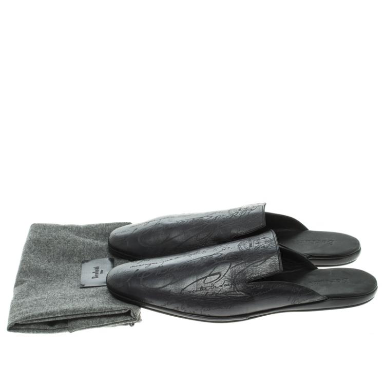 Pre Owned Berluti Black Leather Cyrus Slides Size 45