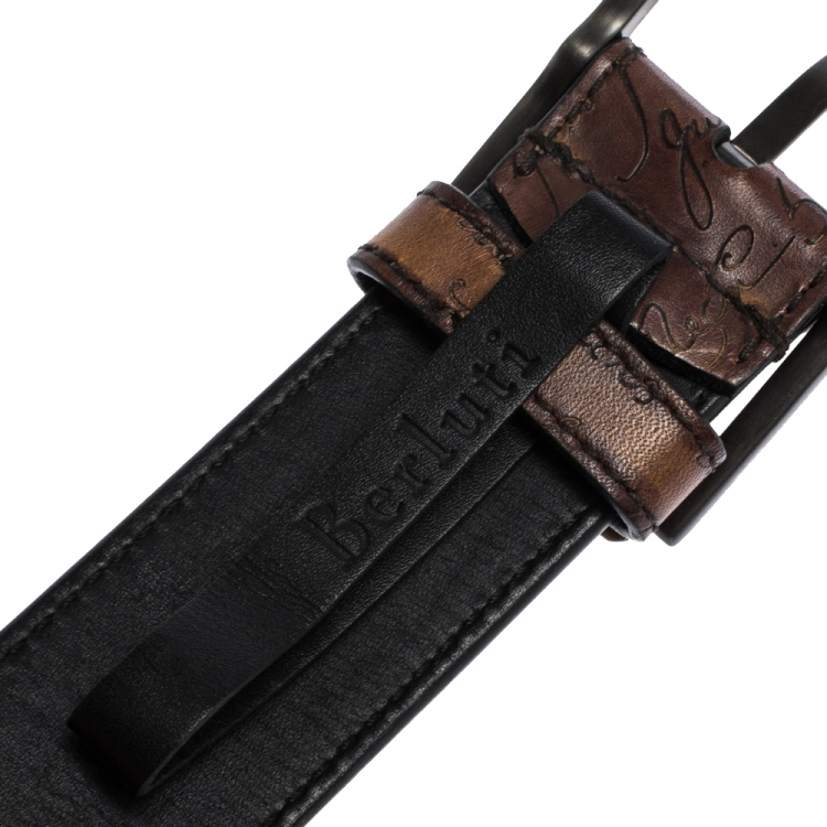 Pre Owned Berluti Brown Scritto Leather Classic Buckle Belt 100CM