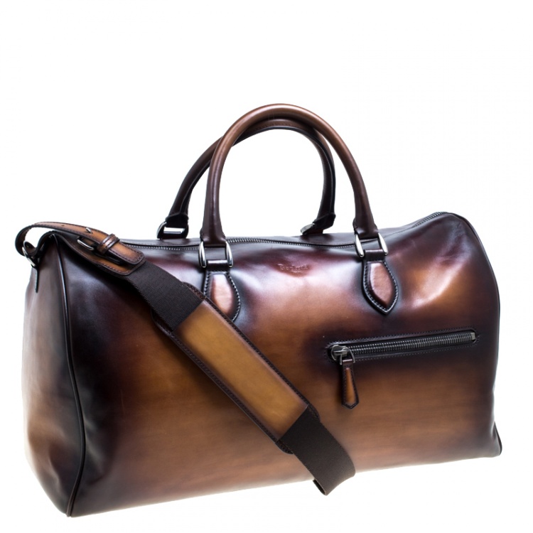Pre Owned Berluti Two Tone Brown Leather Jour Off Travel Bag