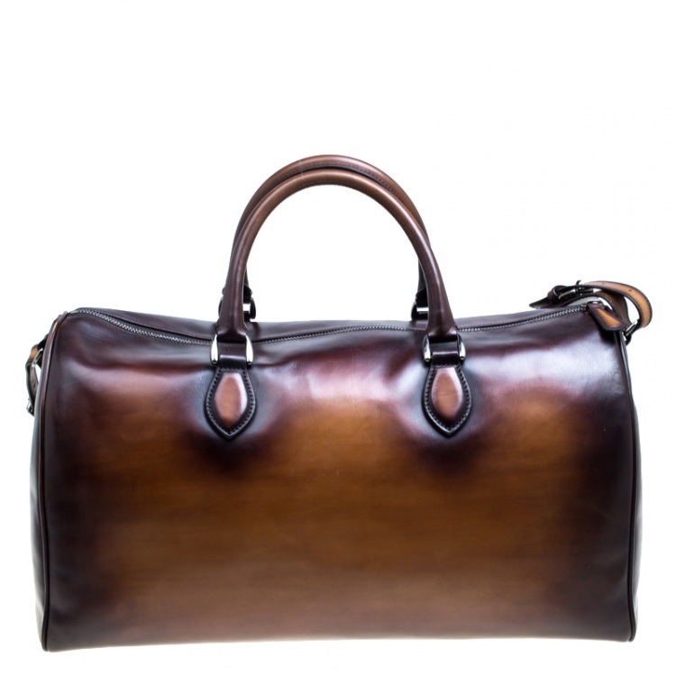 Pre Owned Berluti Two Tone Brown Leather Jour Off Travel Bag