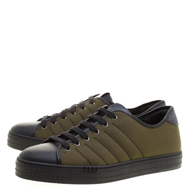 Pre Owned Berluti Khaki Canvas and Alligator Leather Trim Playfield Palermo Sneakers Size 42.5