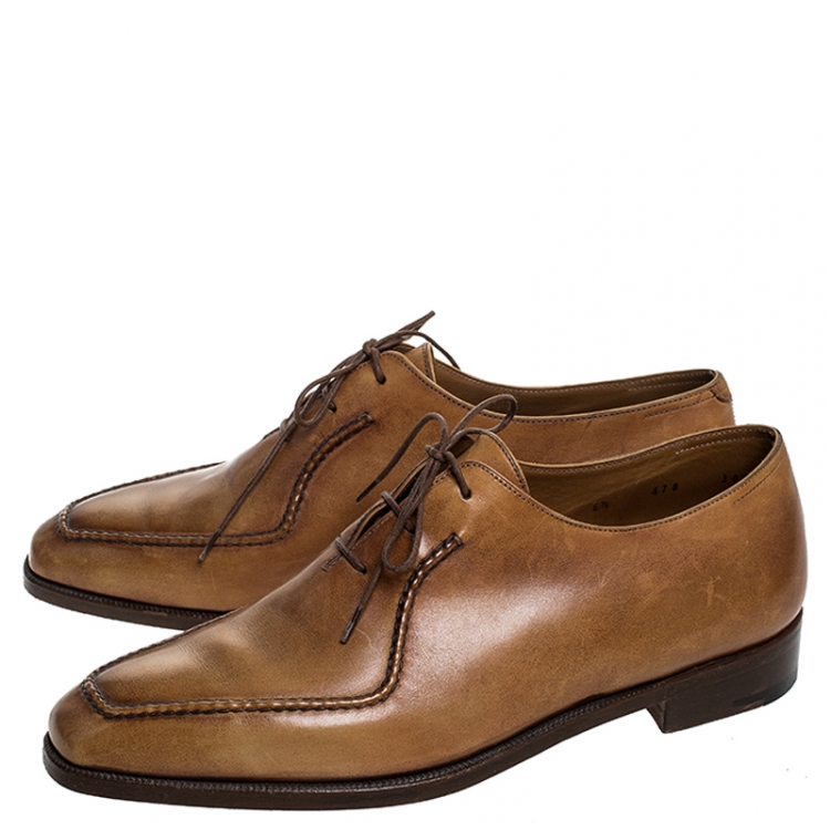 Pre Owned Berluti Cognac Brown Leather Stitch Detail Oxfords Size 40.5