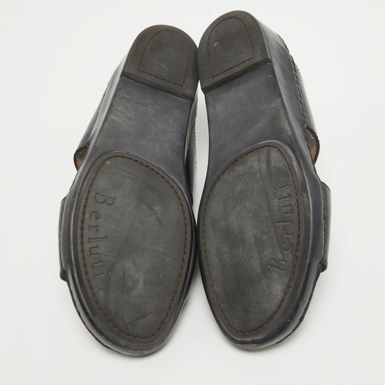 Pre Owned Berluti Navy Blue Scritto Leather Slide Sandals 43