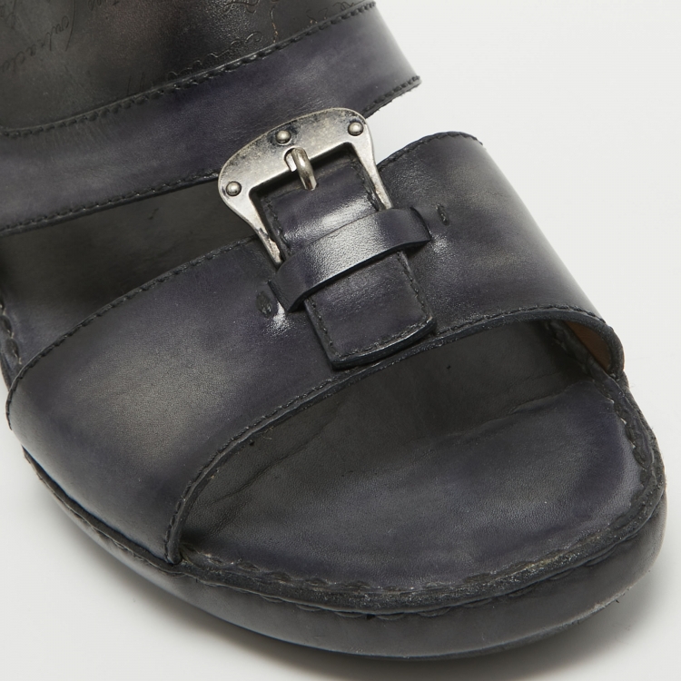 Pre Owned Berluti Navy Blue Scritto Leather Slide Sandals 43