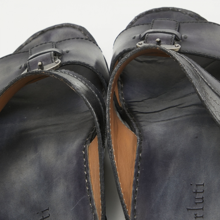 Pre Owned Berluti Navy Blue Scritto Leather Slide Sandals 43