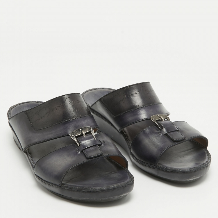 Pre Owned Berluti Navy Blue Scritto Leather Slide Sandals 43