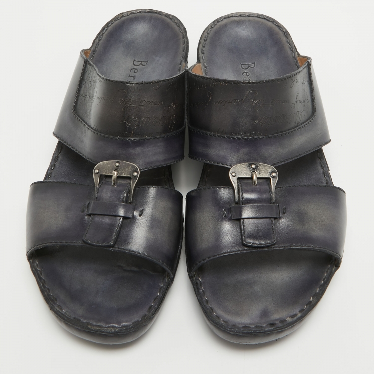 Pre Owned Berluti Navy Blue Scritto Leather Slide Sandals 43