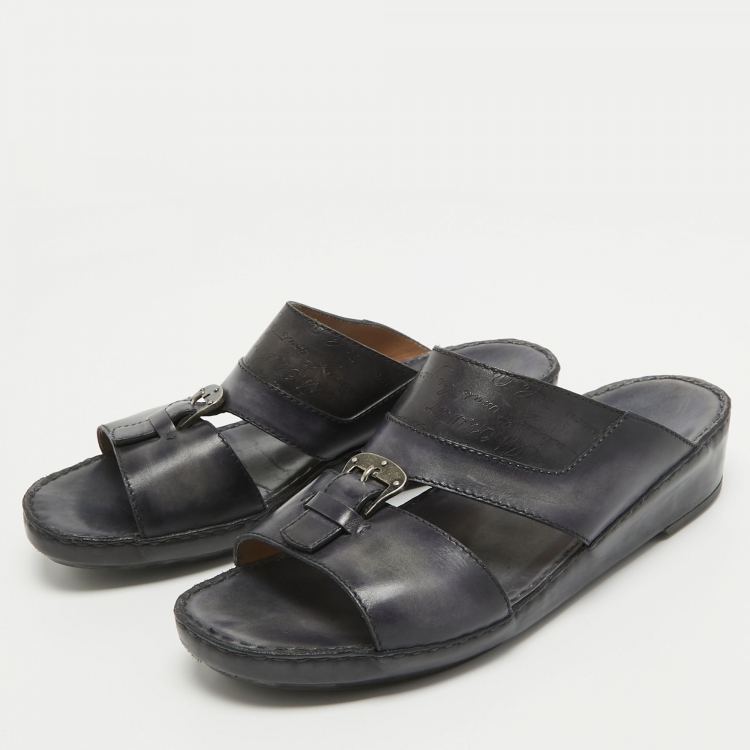 Pre Owned Berluti Navy Blue Scritto Leather Slide Sandals 43