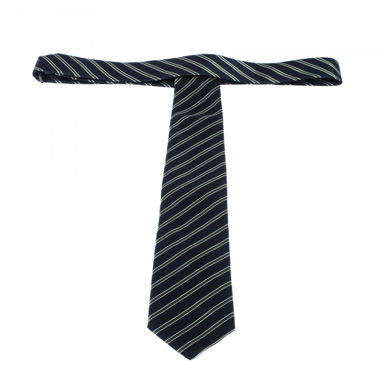 Pre Owned Boss By Hugo Boss Blue and Green Diagonal Striped Silk Tie 