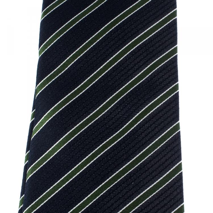 Pre Owned Boss By Hugo Boss Blue and Green Diagonal Striped Silk Tie 