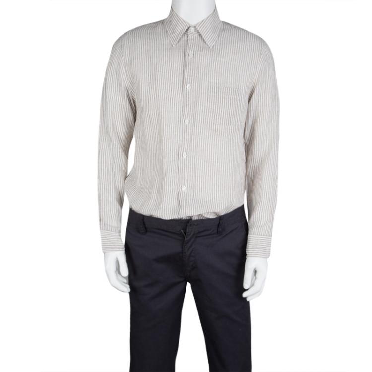 Pre Owned Boss By Hugo Boss White and Brown Striped Linen Long Sleeve Button Front Shirt M