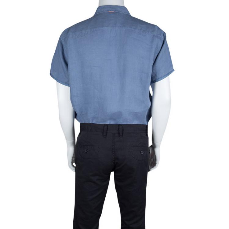 Pre Owned Boss Orange By Hugo Boss Blue Linen Short Sleeve Button Front Shirt XL