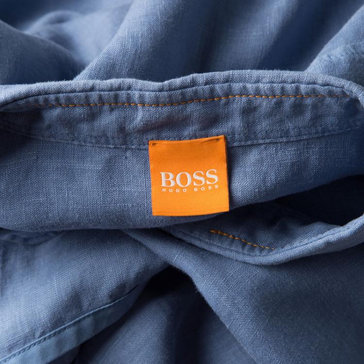 Pre Owned Boss Orange By Hugo Boss Blue Linen Short Sleeve Button Front Shirt XL