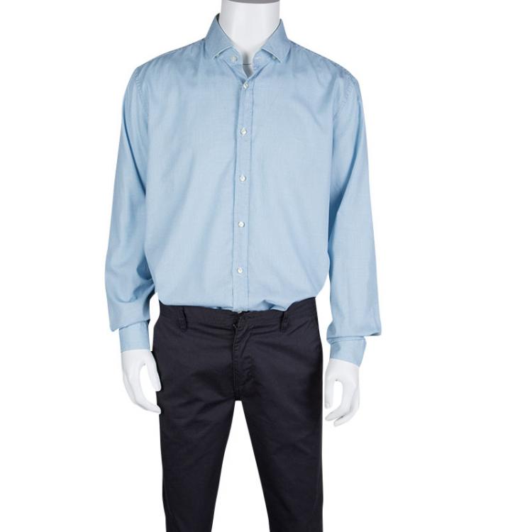 Pre Owned Boss By Hugo Boss Blue Patterned Cotton Jacquard Long Sleeve Slim Fit Shirt XXL