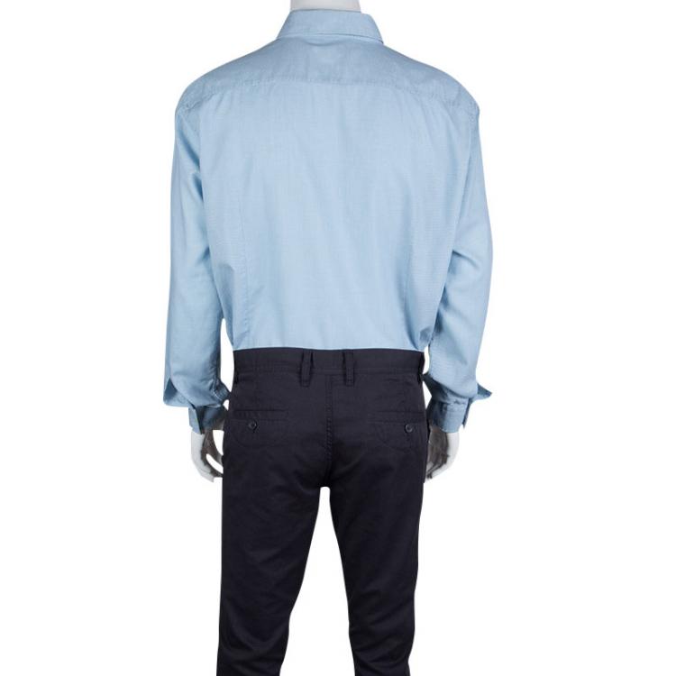 Pre Owned Boss By Hugo Boss Blue Patterned Cotton Jacquard Long Sleeve Slim Fit Shirt XXL