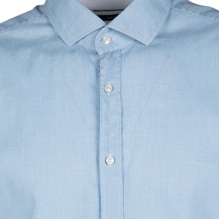 Pre Owned Boss By Hugo Boss Blue Patterned Cotton Jacquard Long Sleeve Slim Fit Shirt XXL
