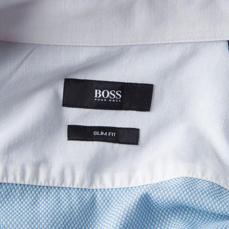 Pre Owned Boss By Hugo Boss Blue Patterned Cotton Jacquard Long Sleeve Slim Fit Shirt XXL
