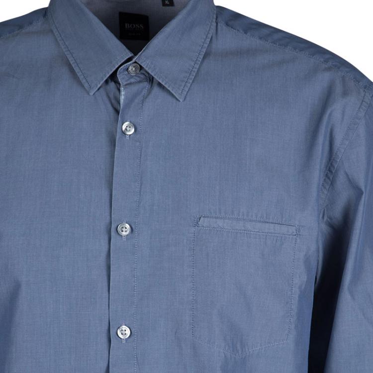 Pre Owned Boss By Hugo Boss Blue Cotton Long Sleeve Button Front Slim Fit Shirt XL