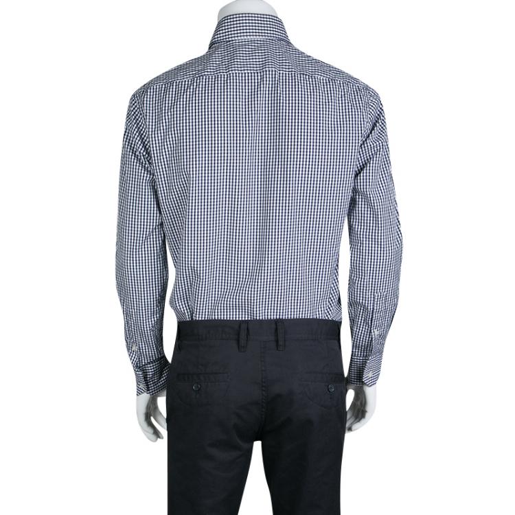 Pre Owned Boss By Hugo Boss Navy Blue and White Checked Cotton Gerald Shirt L