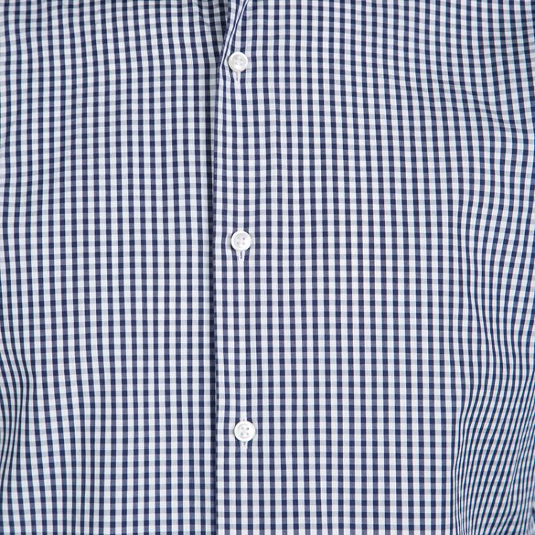 Pre Owned Boss By Hugo Boss Navy Blue and White Checked Cotton Gerald Shirt L