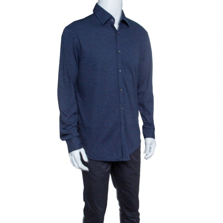 Pre Owned Boss By Hugo Boss Blue Melange Jersey Long Sleeve Button Front Shirt XXL