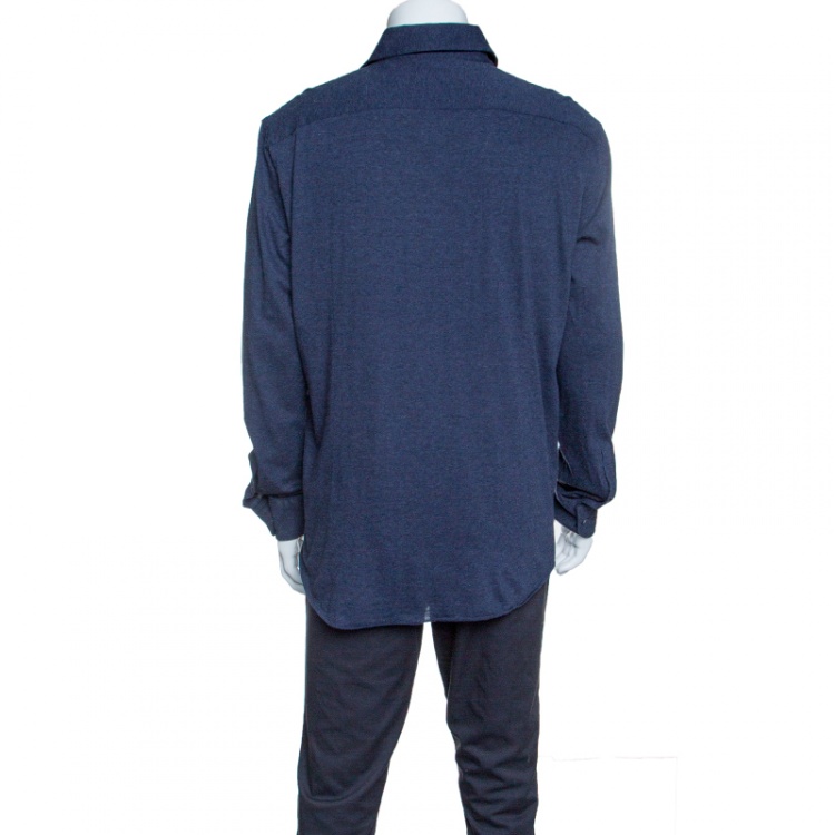 Pre Owned Boss By Hugo Boss Blue Melange Jersey Long Sleeve Button Front Shirt XXL