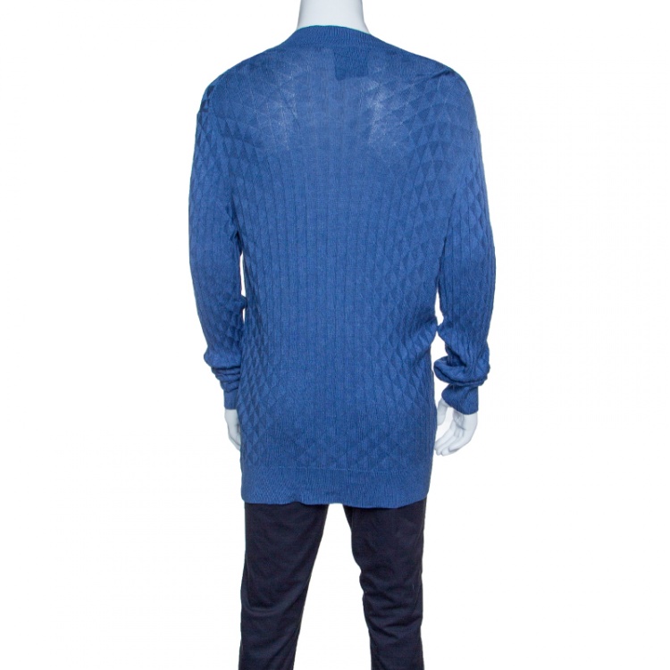 Pre Owned Boss By Hugo Boss Blue Silk Knit Ribbed Trim Slim Fit Lipani Sweater XXL