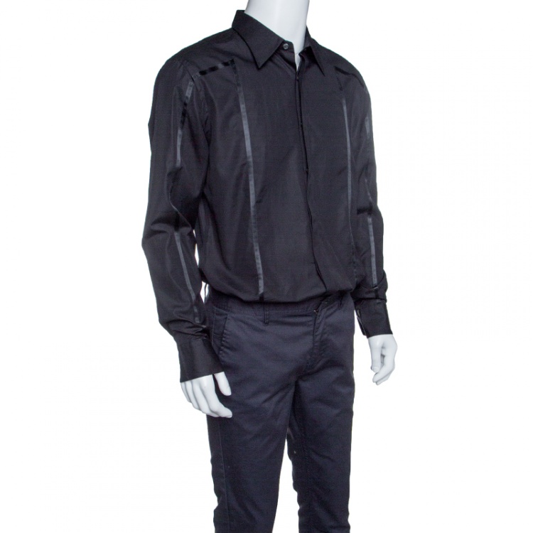 Pre Owned Boss by Hugo Boss Black Cotton Ribbon Panel Detail Button Front Shirt XL