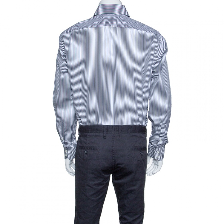 Pre Owned Boss by Hugo Boss Navy Blue and White Striped Cotton Long Sleeve Gerald Shirt XL