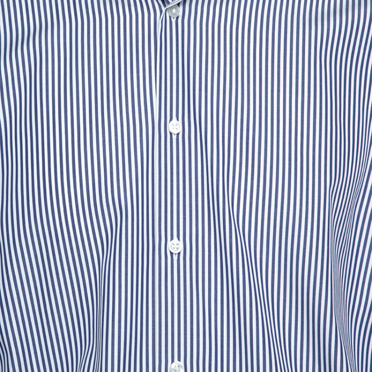 Pre Owned Boss by Hugo Boss Navy Blue and White Striped Cotton Long Sleeve Gerald Shirt XL