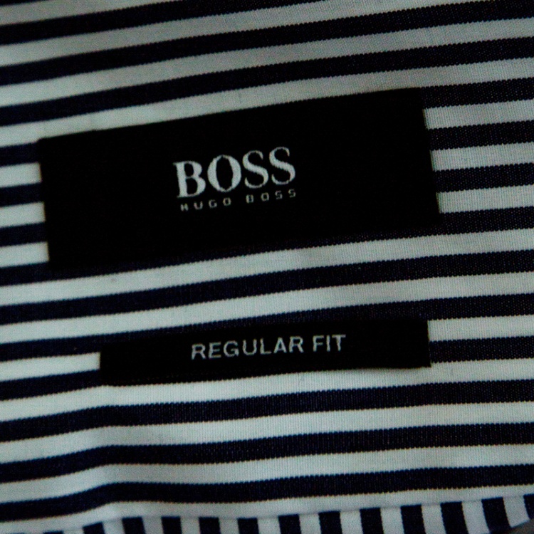 Pre Owned Boss by Hugo Boss Navy Blue and White Striped Cotton Long Sleeve Gerald Shirt XL