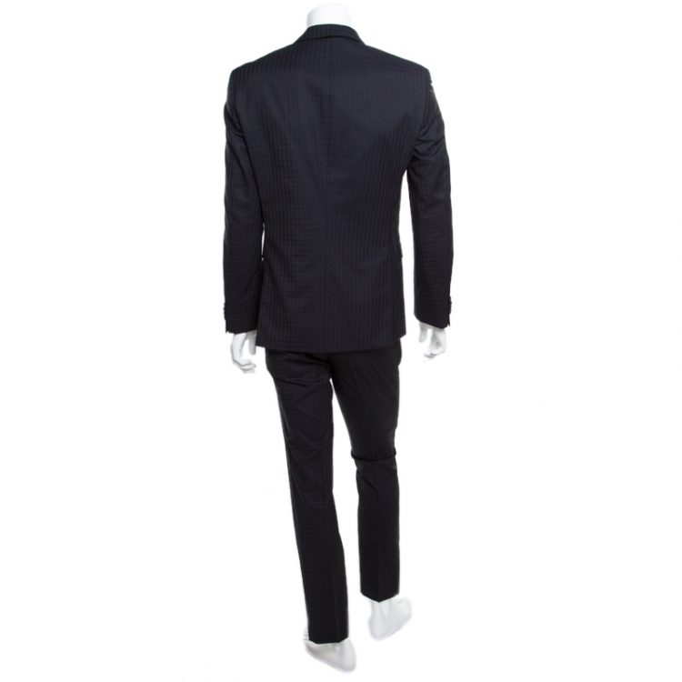 Pre Owned Boss By Hugo Boss Navy Blue Self Checked Wool Tailored Suit M