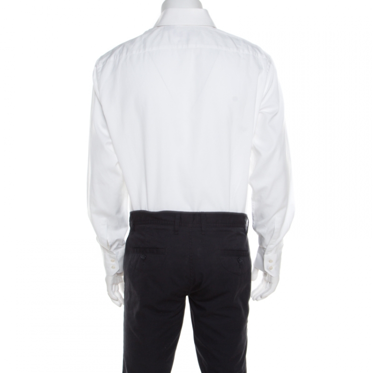 Pre Owned Boss By Hugo Boss White Self Striped Cotton Button Front Gerald Shirt 3XL