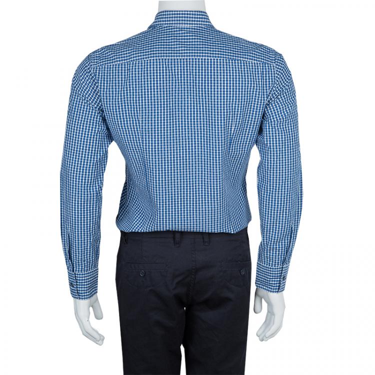 Pre Owned Boss By Hugo Boss Blue Jacquard Dobby Checked Slim Fit Cotton Shirt S