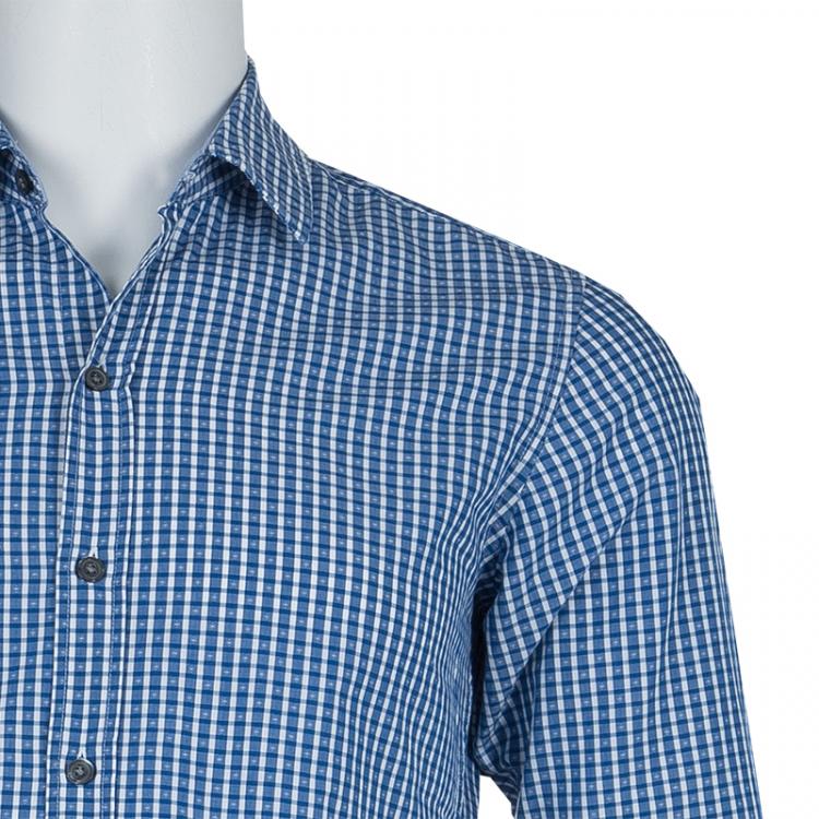 Pre Owned Boss By Hugo Boss Blue Jacquard Dobby Checked Slim Fit Cotton Shirt S