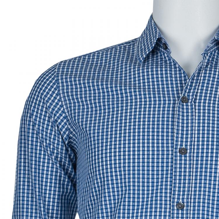 Pre Owned Boss By Hugo Boss Blue Jacquard Dobby Checked Slim Fit Cotton Shirt S