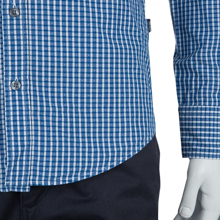 Pre Owned Boss By Hugo Boss Blue Jacquard Dobby Checked Slim Fit Cotton Shirt S