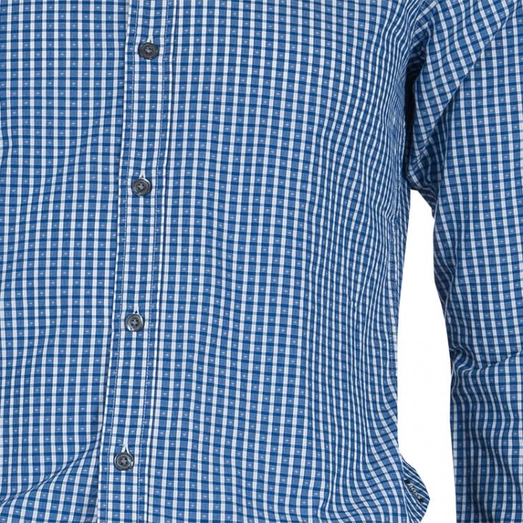 Pre Owned Boss By Hugo Boss Blue Jacquard Dobby Checked Slim Fit Cotton Shirt S