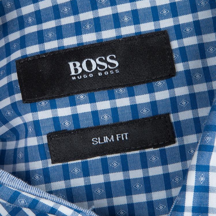 Pre Owned Boss By Hugo Boss Blue Jacquard Dobby Checked Slim Fit Cotton Shirt S