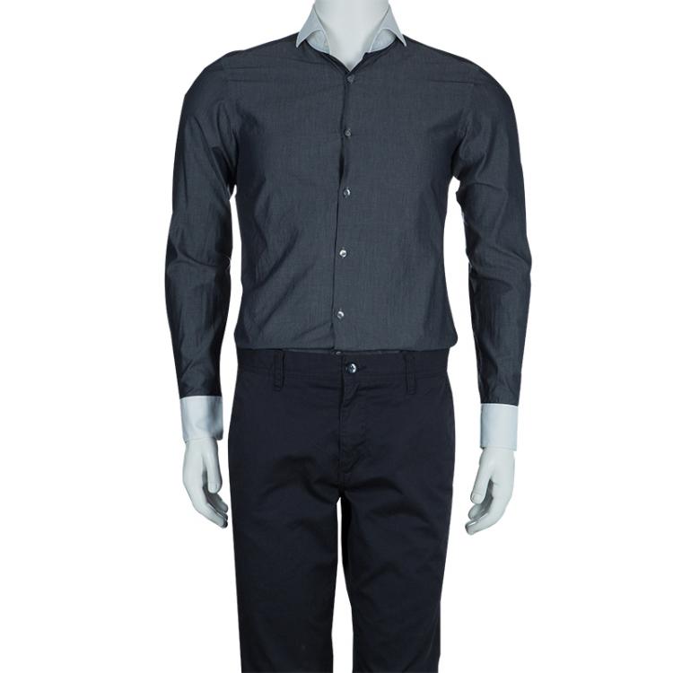 Pre Owned Boss By Hugo Boss Grey Contrast Collar and Cuff Slim Fit Cotton Shirt S