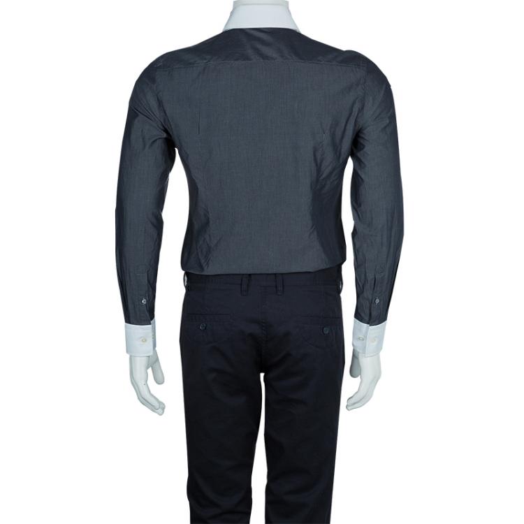 Pre Owned Boss By Hugo Boss Grey Contrast Collar and Cuff Slim Fit Cotton Shirt S