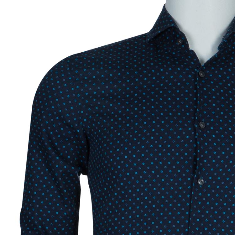 Pre Owned Boss By Hugo Boss Navy Dot Print Slim Fit Cotton Shirt S