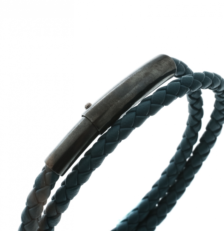 Pre Owned Bottega Veneta Blue Intrecciato Woven Leather Double Wrap Bracelet 