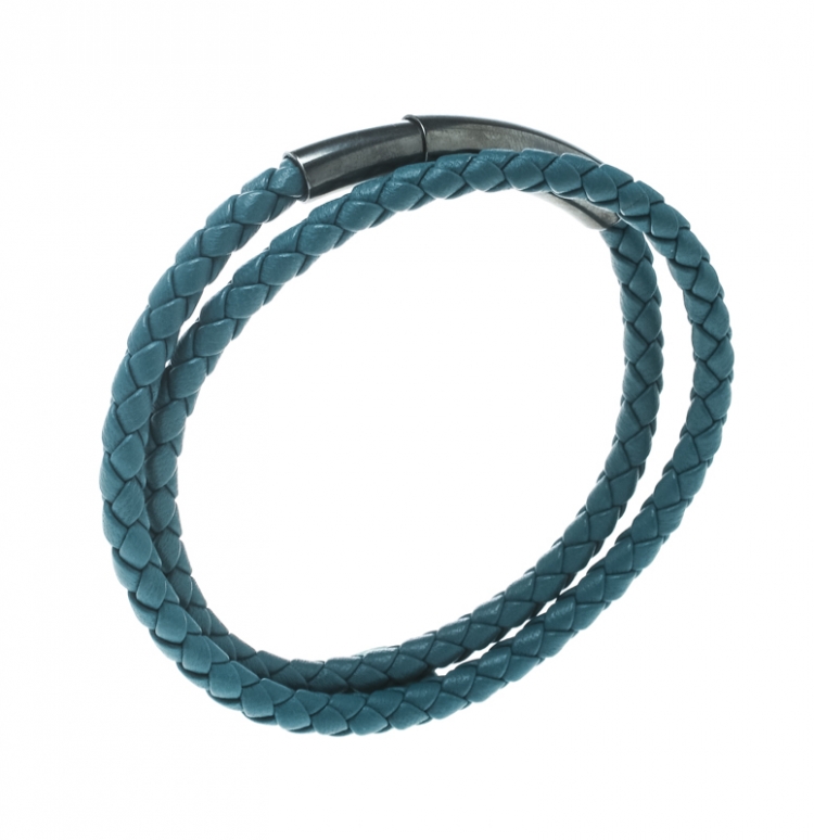 Pre Owned Bottega Veneta Blue Intrecciato Woven Leather Double Wrap Bracelet 