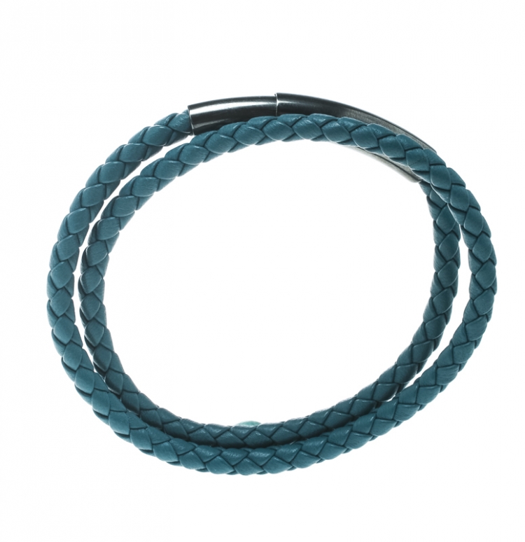 Pre Owned Bottega Veneta Blue Intrecciato Woven Leather Double Wrap Bracelet 