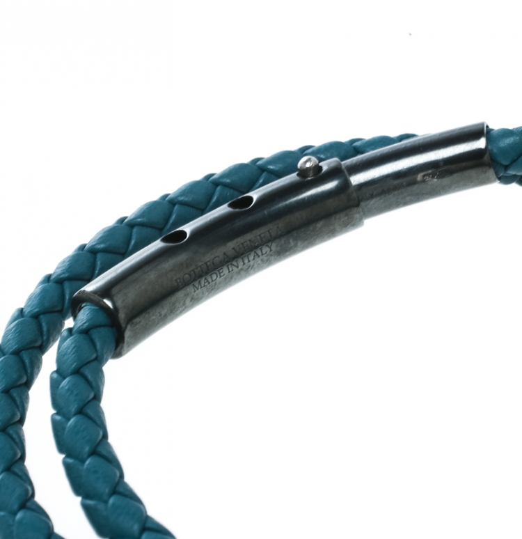 Pre Owned Bottega Veneta Blue Intrecciato Woven Leather Double Wrap Bracelet 
