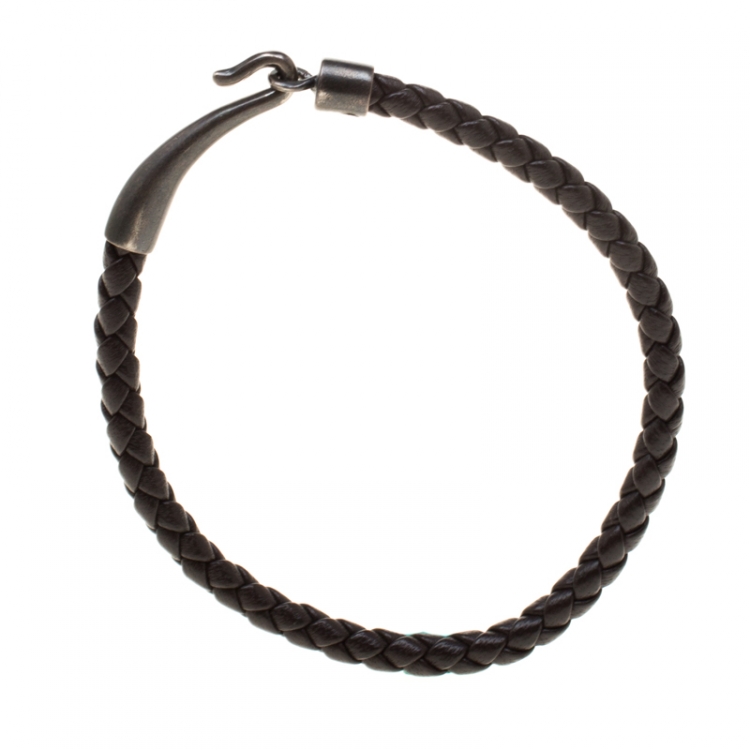 Pre Owned Bottega Veneta Brown Intrecciato Woven Leather Single Hook Bracelet 