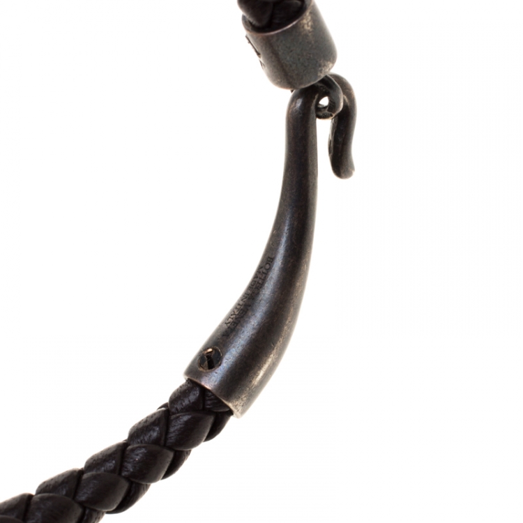 Pre Owned Bottega Veneta Brown Intrecciato Woven Leather Single Hook Bracelet 